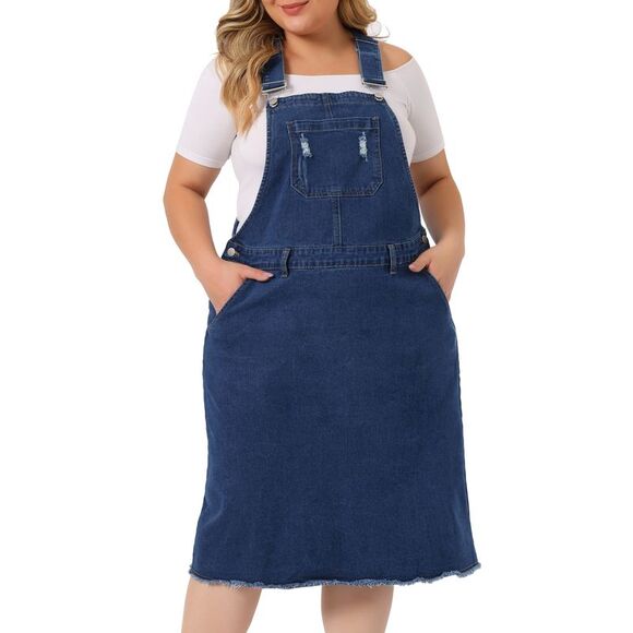 Plus Size Jean Skirt Distressed Racerback Suspender Denim Overall Dress Blue - Picture 1 of 6